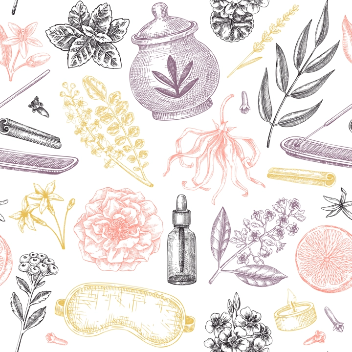 Aromatherapy background design. Welness seamless pattern. Aromatic herbs, fruits, floral sketches. Self care hand drawn vector illustration. Not AI generated